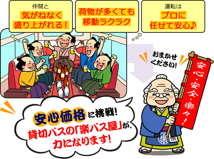 安心価格に挑戦！貸切バスの「楽バス屋」が、力になります！